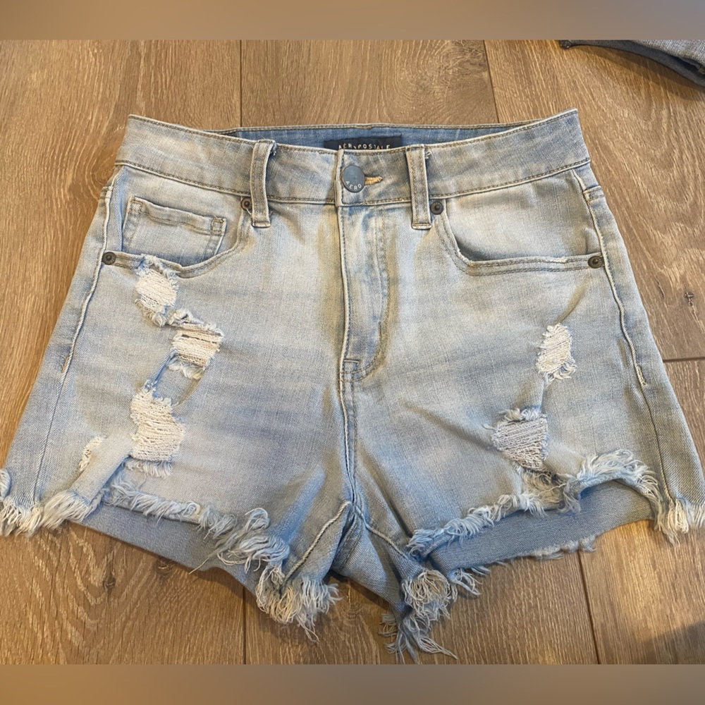 Aeropostale high-rise light wash jean shorts.